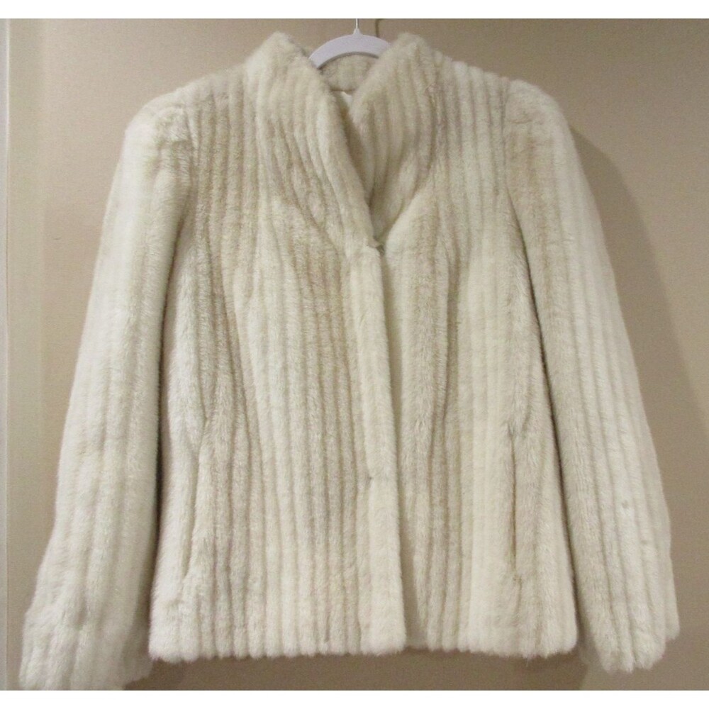Vtg. Monterey Mills Intrigue Fur Coat Sz 13-14 Mid Length Ivory Union Made Mob